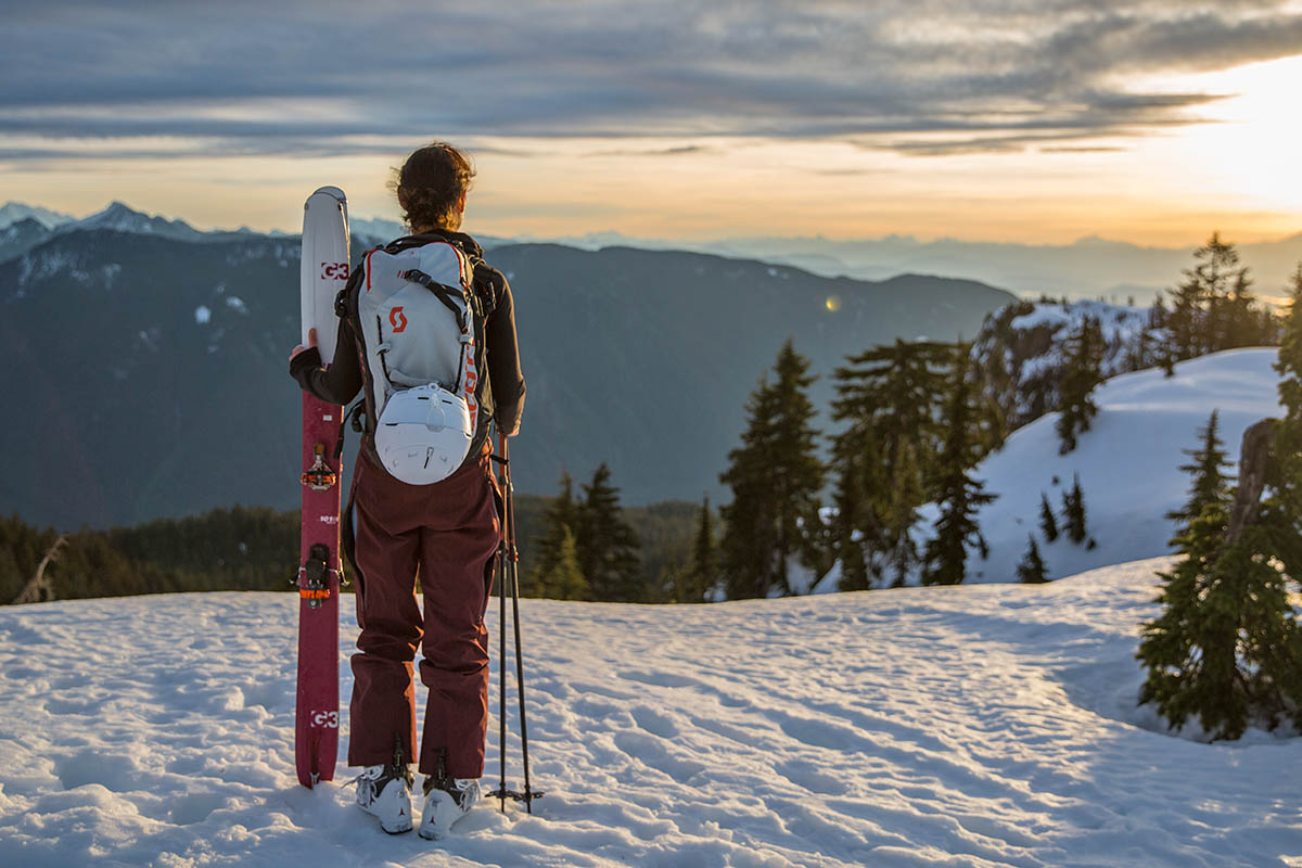 Scott Patrol E1 30 avalanche airbag pack (standing in backcountry at sunset)